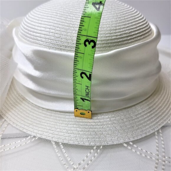 White Satin Ribbon Bows Rosettes Large Wide Brim Hat One Size Fits All - Picture 9 of 12